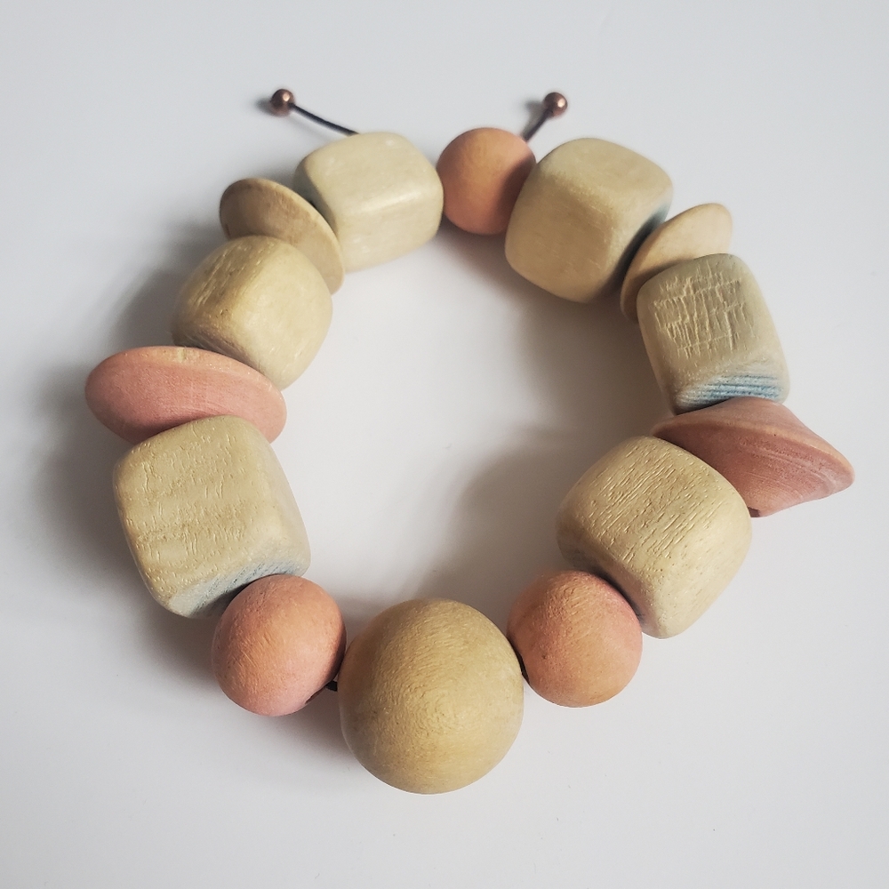 Neutral Large Wood Beads Stretch Bracelet Chunky Cube Blocks Bold Casual Chic